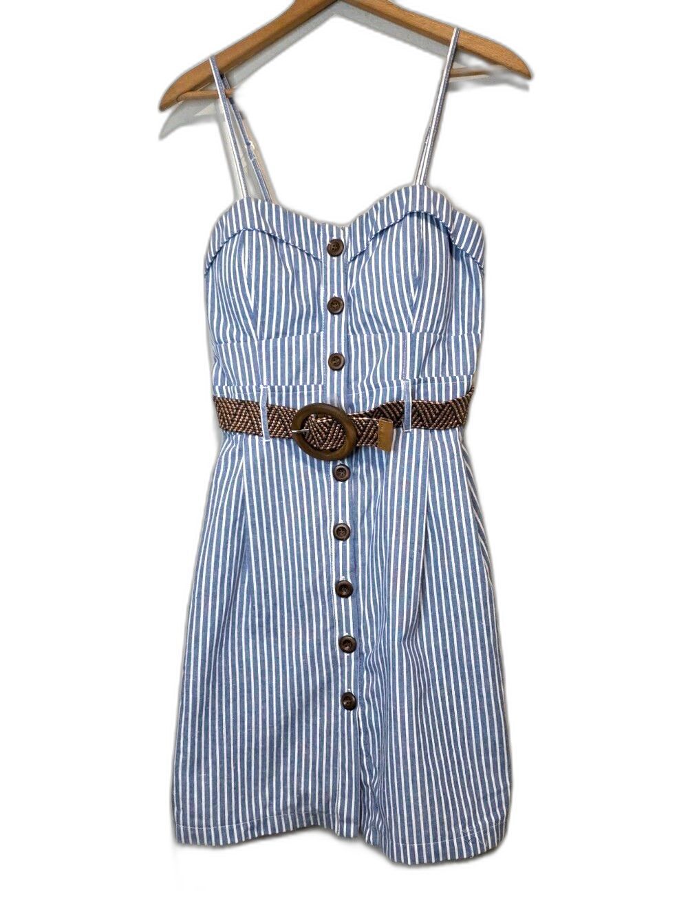 Mind Code Blue White Striped Mini Dress Button Nautical Coastal Beach Large
